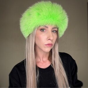 Pologeorgis Genuine Neon Dyed Fox Fur Velcro Scarf Headband Collar in Green